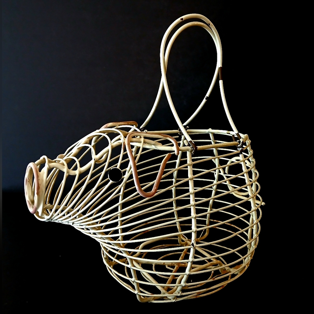 Unique Vintage Cream Pig-Shaped Wire Egg Basket